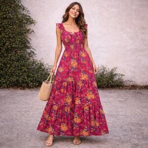 Old Navy Maxi Dress Size Small Fushia Pink Floral Ruffle Hem Sleeveless Boho